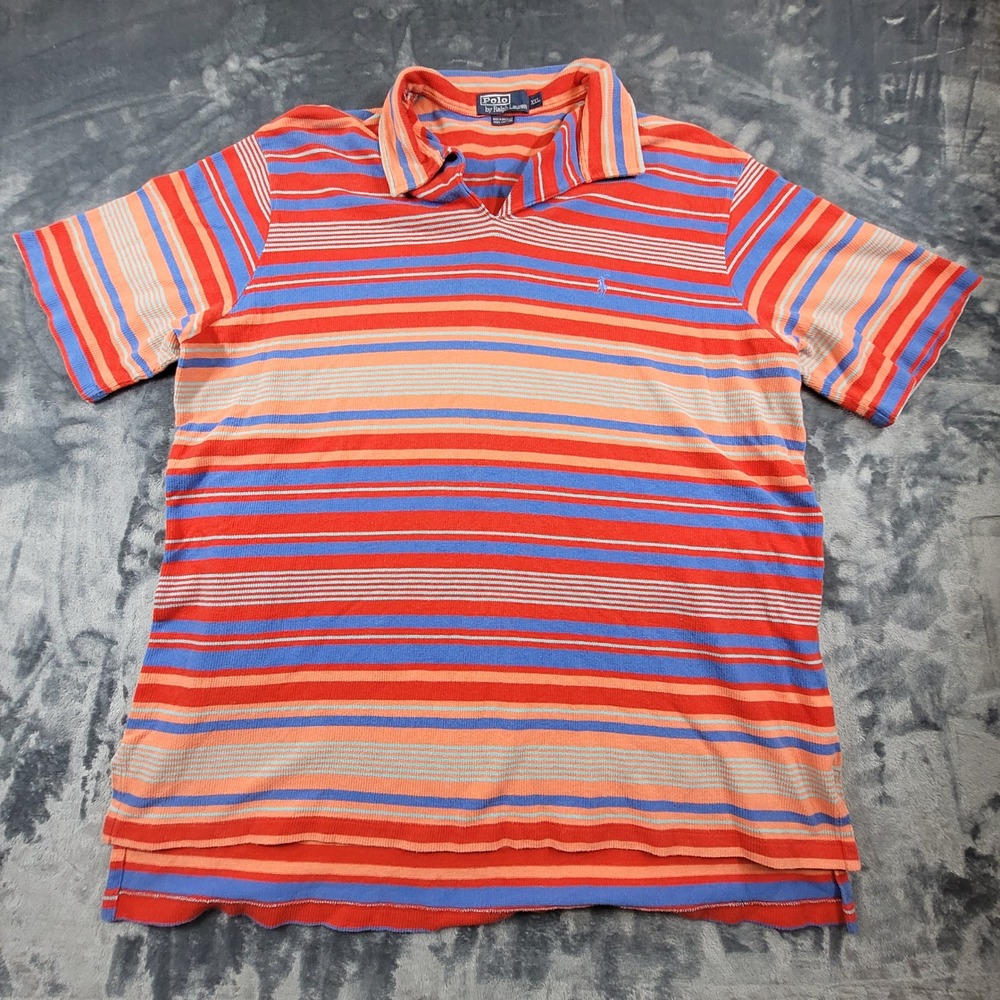 VTG Polo Ralph Lauren Mens XXL Striped V-Neck Polo Shirt Orange Blue Cotton Knit